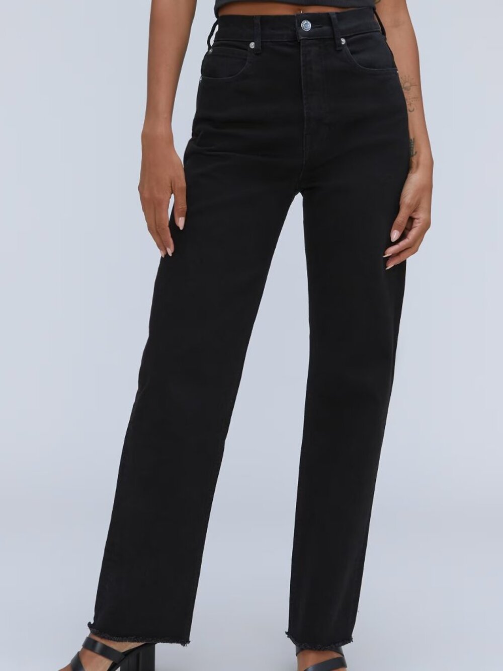 Everlane Way High Jean Raw Hem Straight Leg Coal Black Size 24 Organic Cotton